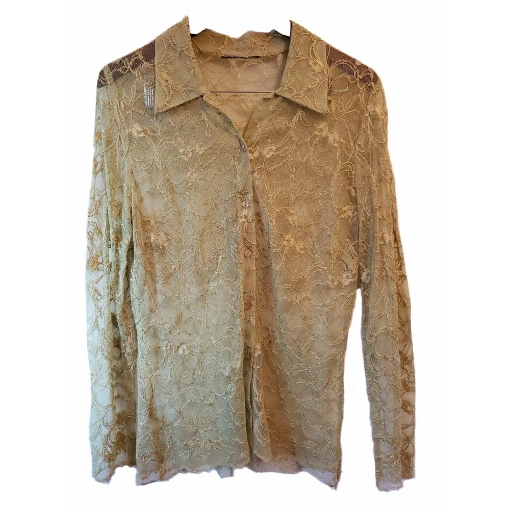 Unbranded Vtg Y2K Sage Green Collared Button Lace Mesh Dress Shirt Top S M 4 6